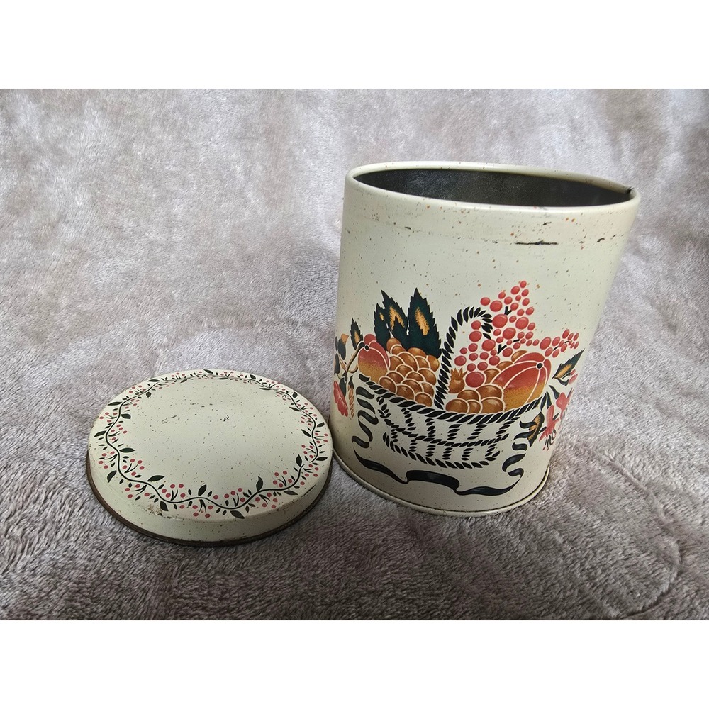 Vintage Daher Tin Box Company Fruit Basket Canister Made in England Cream 6in